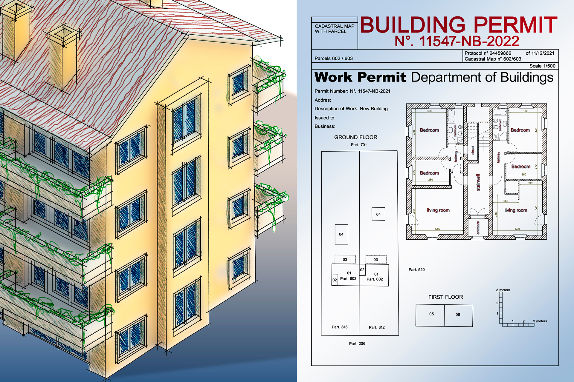 Permit application process with architect reviewing blueprints